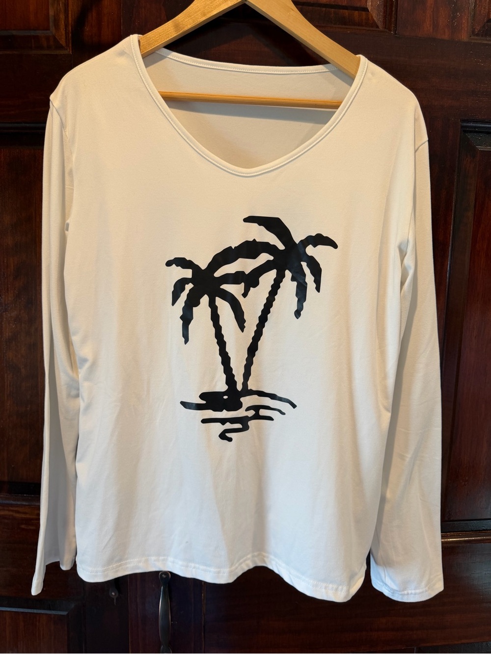 White Long-Sleeve Top with Black Palm Tree Graphic